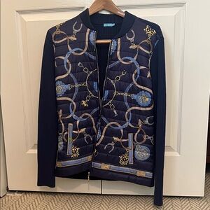 J McLaughlin Navy Blue Quilted Jacket with Gold Accents